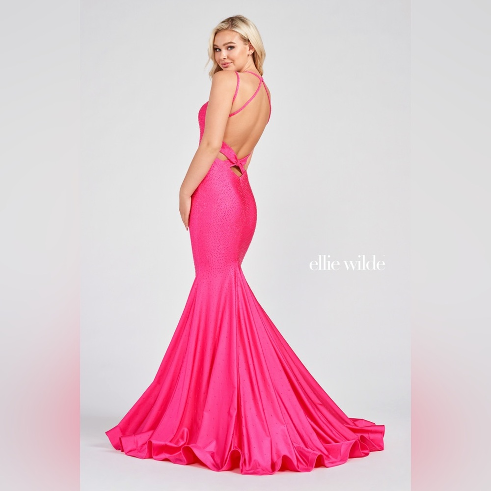 Ellie Wilde Hot Pink Prom Dress - Open Bow Back Crystal Beaded Mermaid EW122001